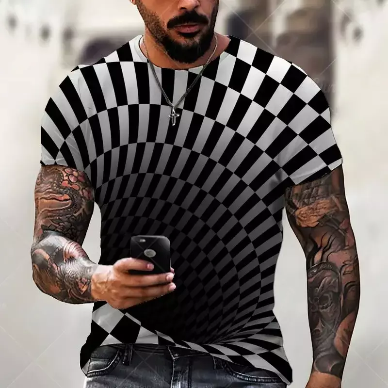 T-shirt à manches courtes à carreaux College en 3D pour hommes, haut à col rond, mode de rue rétro, rayé, été