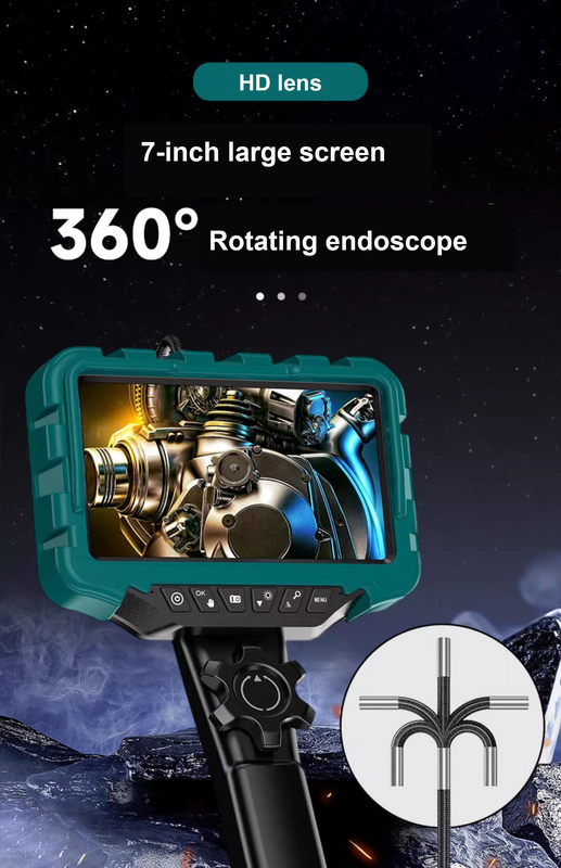Câmera do endoscópio HD, 7 "tela, lente de 6mm, 1080P, 360 graus, manutenção do carro, estratificação do carbono do motor, detecção