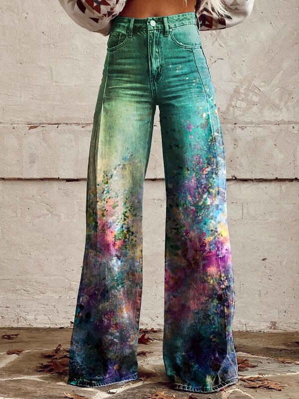 Jeans florais na moda para mulheres, calças largas de cintura alta, jeans de imitação fina e solta