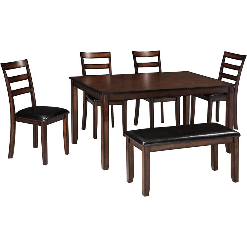 LISM 6 Piece Dining Set, Includes Table, 4 Chairs & Bench, Dark Brown