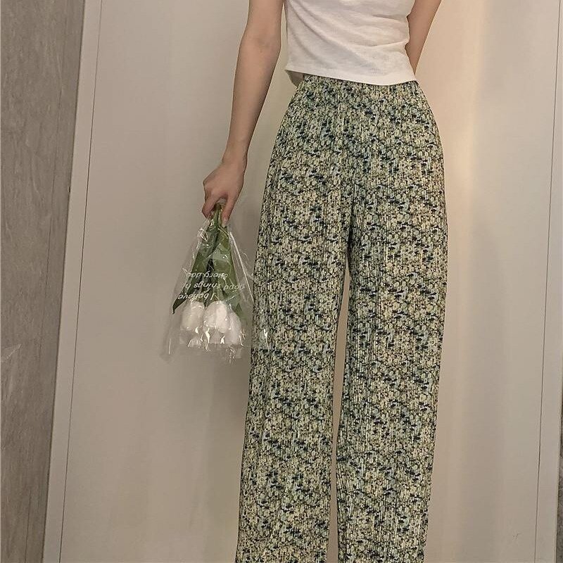 Women's Summer New Fashion Sweet Elasticized High-waisted Pleated Geometric Printed Loose Ruched Straight Casual Wide Leg Pants