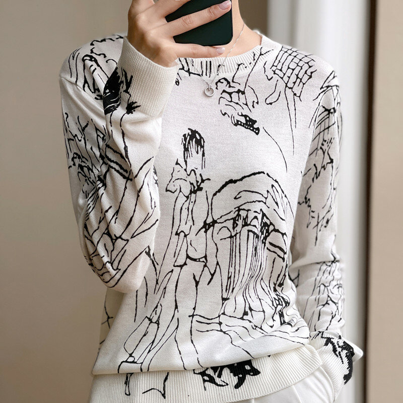 Summer Trendy Fine Imitation Wool Knitted T-Shirt Women's Short-Sleeved Top Graffiti Digital Jacquard Pullover Ladies Sweater
