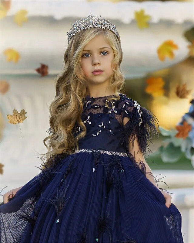 子供のためのふわふわのアップリケドレス,半袖,羽毛,ネイビーブルー,フラワーガール,最初の誕生日パーティードレス