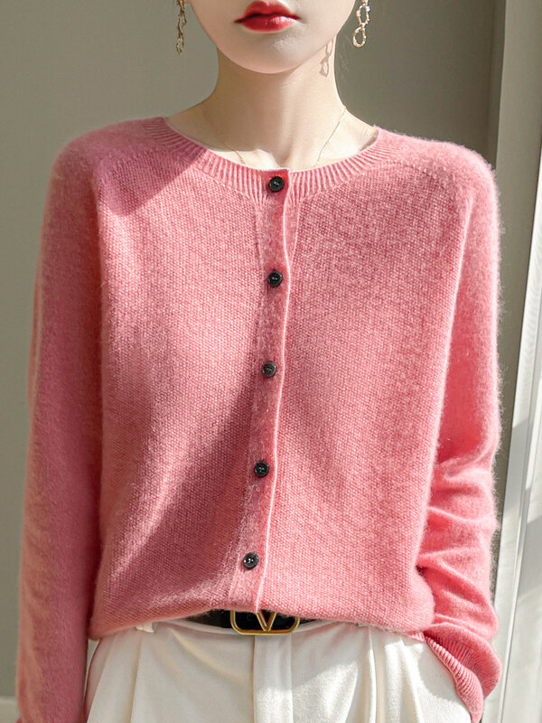 Sweter wol leher-o wanita, atasan 100% untuk musim semi warna murni lengan panjang 2024 Wol Merino pakaian rajut