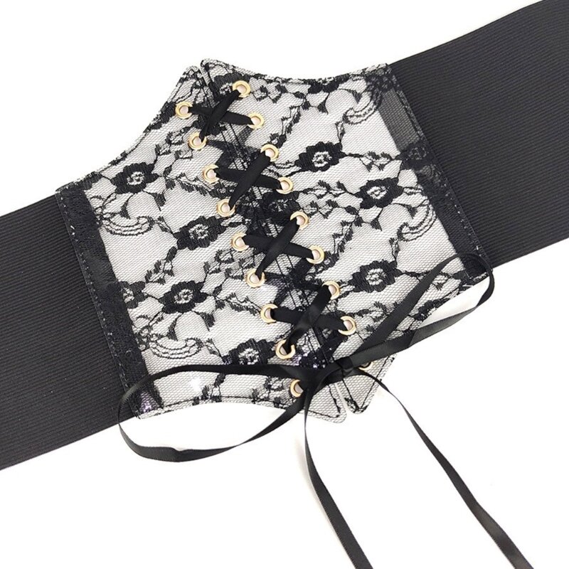 Black Lace Wide Lace Up Corset Sexy Waist Belt Underbust Bustier Women Wide Cropped Top Lace Elastic Corset
