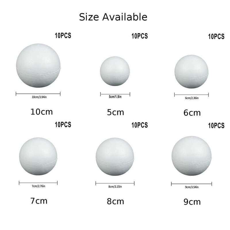 10 pezzi di palline di polistirene a sfera in schiuma solida albero rotondo bianco 50mm-100mm per la decorazione della festa nuziale modellazione artigianale