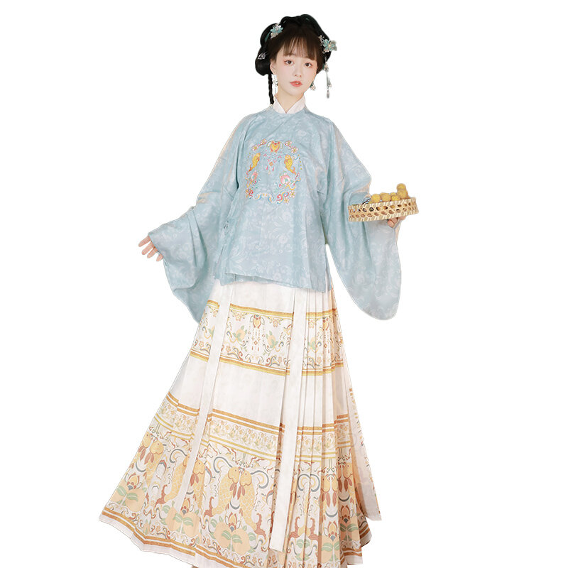 Original chinês tradicional hanfu feminino dinastia ming tripulação pescoço bordado bijia cavalo rosto pônei saia diário outono inverno conjunto