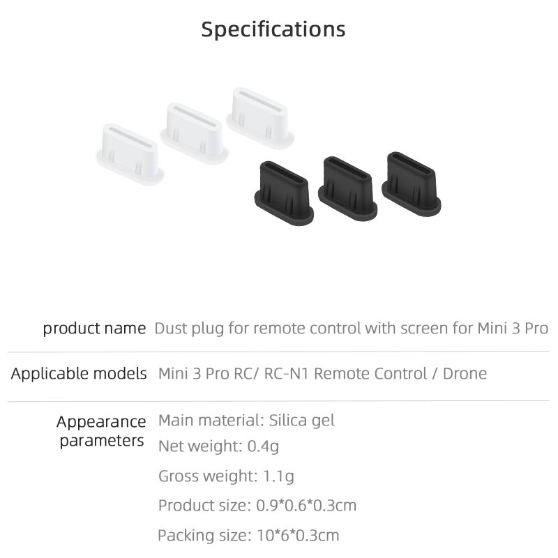 Tipo-C Poeira Plug para DJI Mini 3 Pro, Controle Remoto, Interface de Carregamento, Silicone Poeira Plug Capa, RC-N1, RC Acessórios