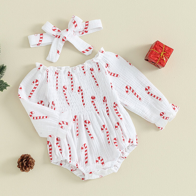 Baby Girl 2Pcs Christmas Outfits Off Shoulder Long Sleeve Smocked Bodysuit with Headband Set Infant Clothes