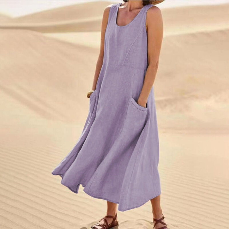 Повседневный летний сарафан для женщин без рукавов из удобного хлопка и льна Элегантное макси пляжное платье с карманами неэластичное