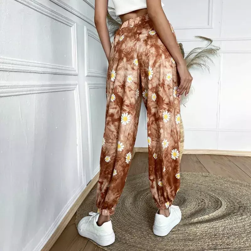Gaya Korea modis kecil Daisy cetak pakaian wanita baru Daisy kecil kasual legging kaki lebar Streetwear 2024 YSQ50
