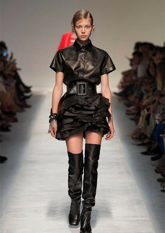 Mode Wanita Keluaran Baru 2023 Mantel Kulit Asli Lengan Pendek, Kemeja Kulit Asli Hitam dengan Sabuk E3