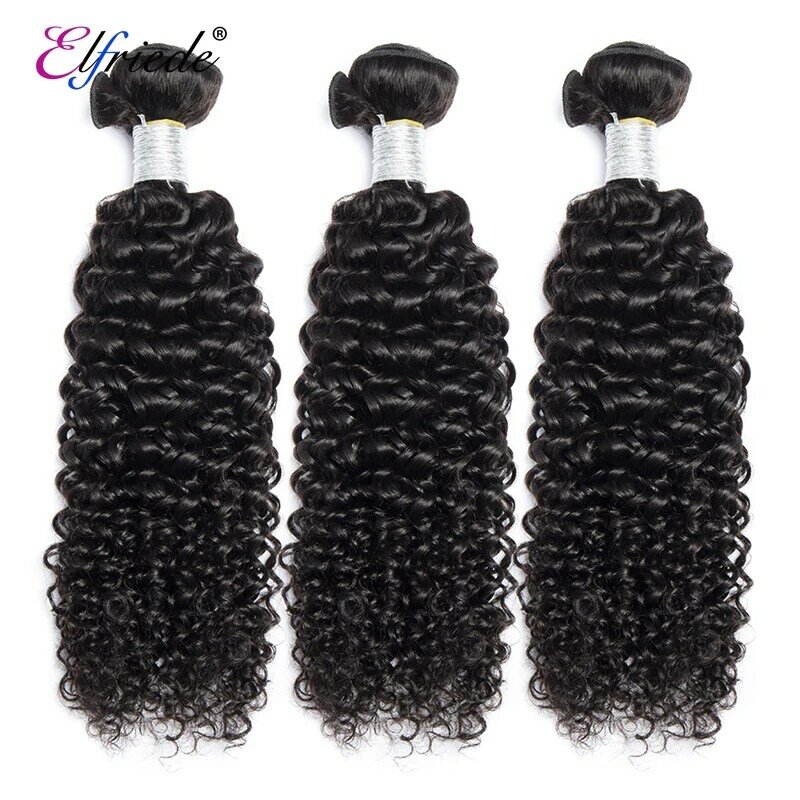 Elfriede Natural Black Kinky Curly Bundles with Frontal 100% Remy Human Hair Weaves 3 Bundles with 13x4 Transparent Lace Frontal