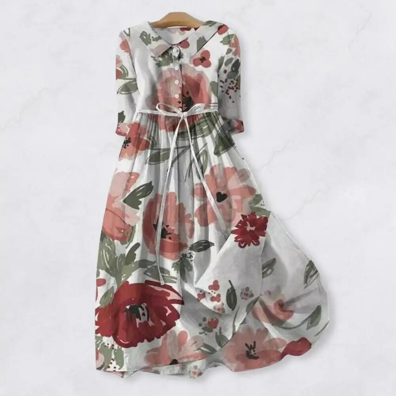 Women Lapel Dress Bohemian Style Floral Print Midi Dress with Lace-up Detail Three Quarter Sleeves for Fall Summer Fashion