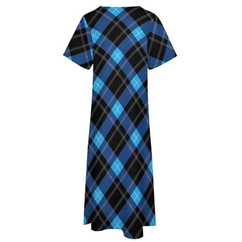 Blue Plaid Dress Classic Lines Print Elegant Maxi Dress Street Style Boho Beach Long Dresses Spring V Neck Graphic Vestidos 5XL