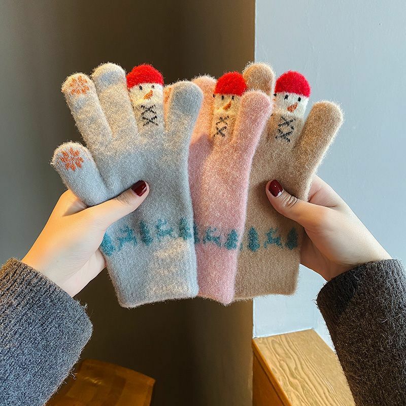 Kawaii Christmas Knitted Woolen Gloves Winter Warm Thermal Mittens For Women Girls Cute Fashionable Snowman Five Fingers Glove
