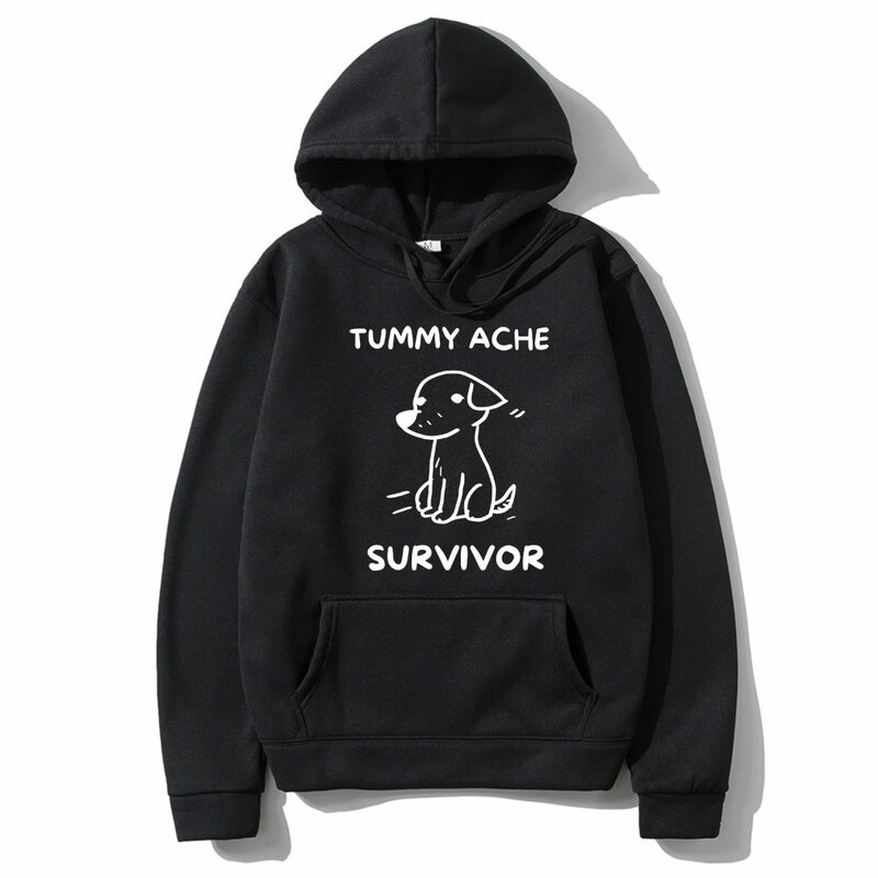 Funny Tummy Ache Survivor Puppy Meme Graphic Hoodie Men Women Casual Fleece Cotton Pullover Unisex Vintage Oversized Hoodies