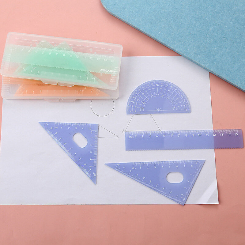 Jelly Color Plástico Régua Reta com Caixa PP Bonito, transferidor, Triângulo, Escritório, Escola, Artigos de Papelaria, 4Pcs por Conjunto