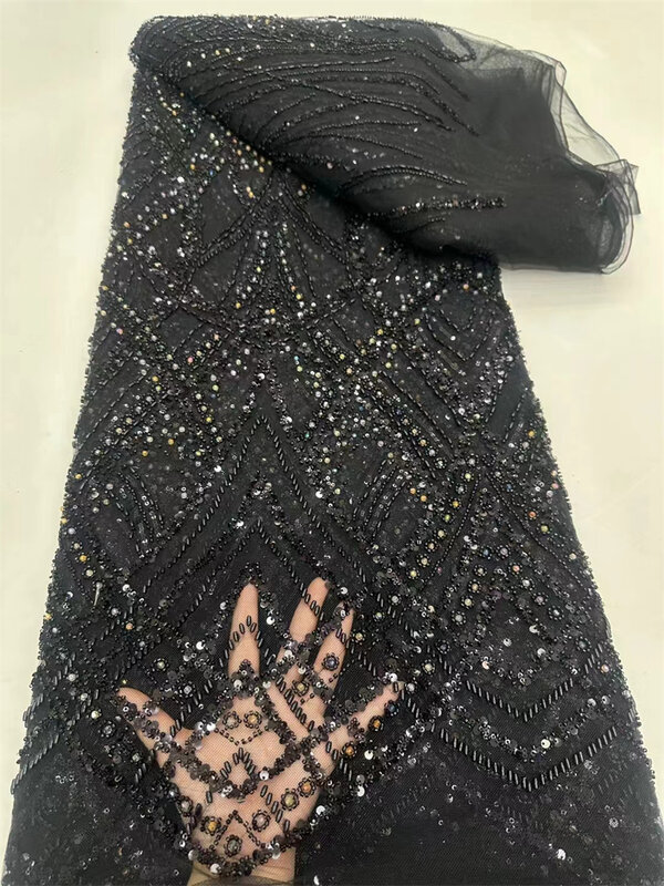 Tela de encaje 3D de lujo, tejido de tul con cuentas a mano de Dubai, bordado de lentejuelas, tela nigeriana africana para coser, 5 yardas
