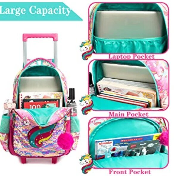 16 Inch 3 pcs set Kids School Trolley Bag lunch bag Wheeled Backpack Unicorn Rolling Backpack for Girls Backpacks with wheels