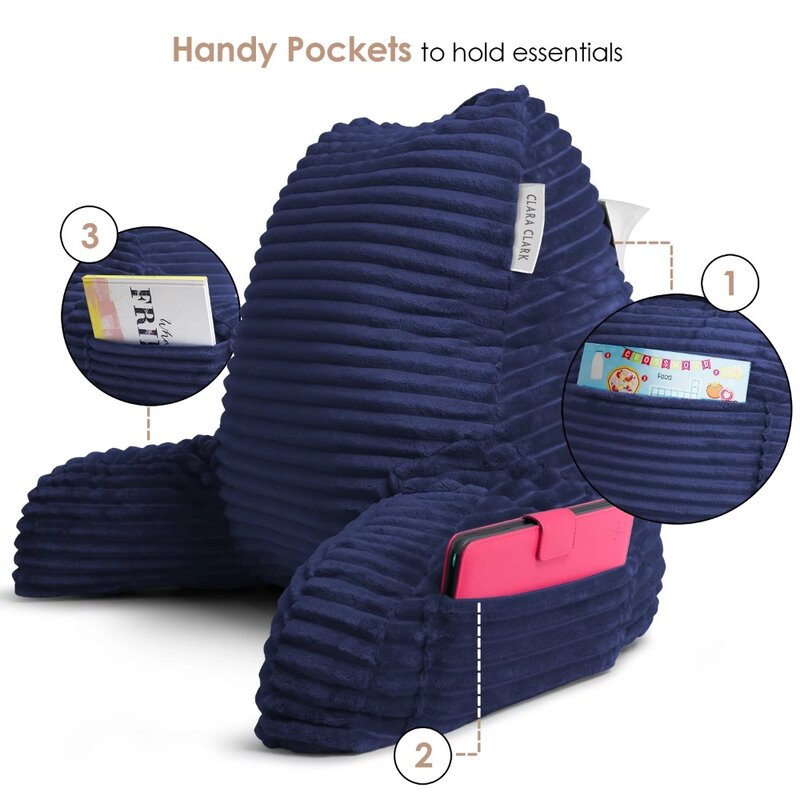 Подушка для чтения спинки, подушка для поддержки спины с подлокотниками, измельченная подушка для кровати из пены с эффектом памяти, среднего размера, темно-синего цвета
