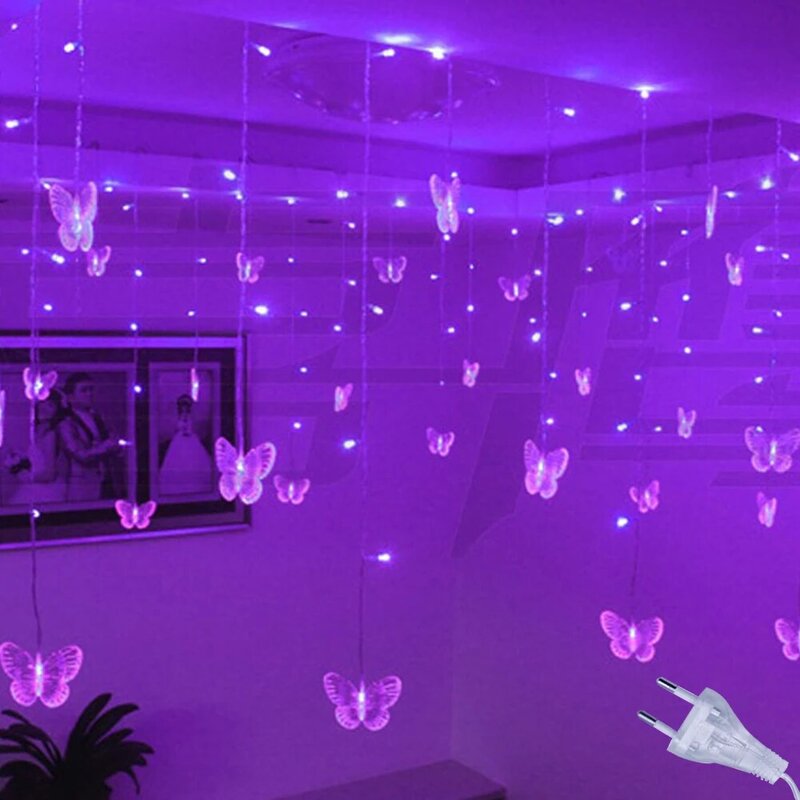 LED Butterfly Garland Curtain Fairy Lights String, rosa, roxo, apto para quarto, sala de estar, casa, decoração do casamento, decoração do quarto