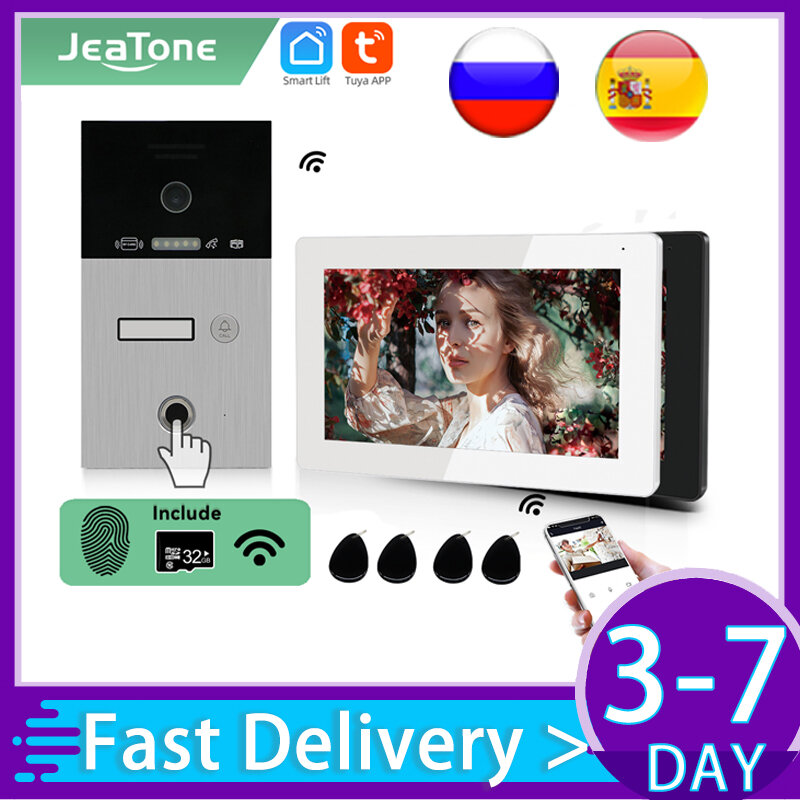 Jeatone TUYA 7-дюймовый Wi-Fi IP-видеодомофон для дома/квартир 1F/2F/3F защита дверного звонка сканер отпечатков пальцев RFIC кодер