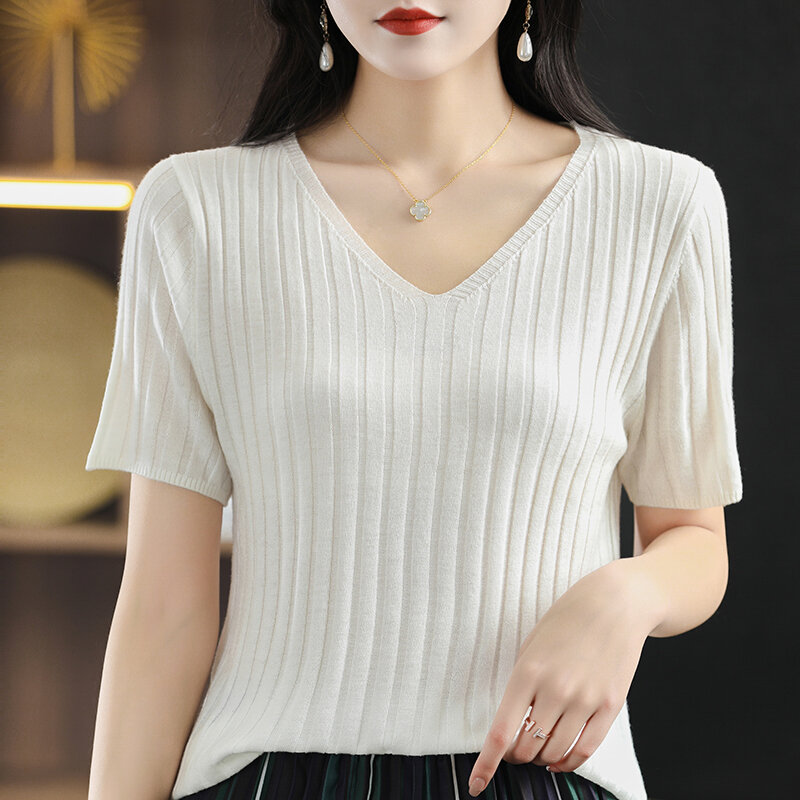 V-neck Knitted Short-Sleeved T-Shirt Women's Sweater Pullover Western-Style Bottoming Simple Solid Color All-Match Short Summer