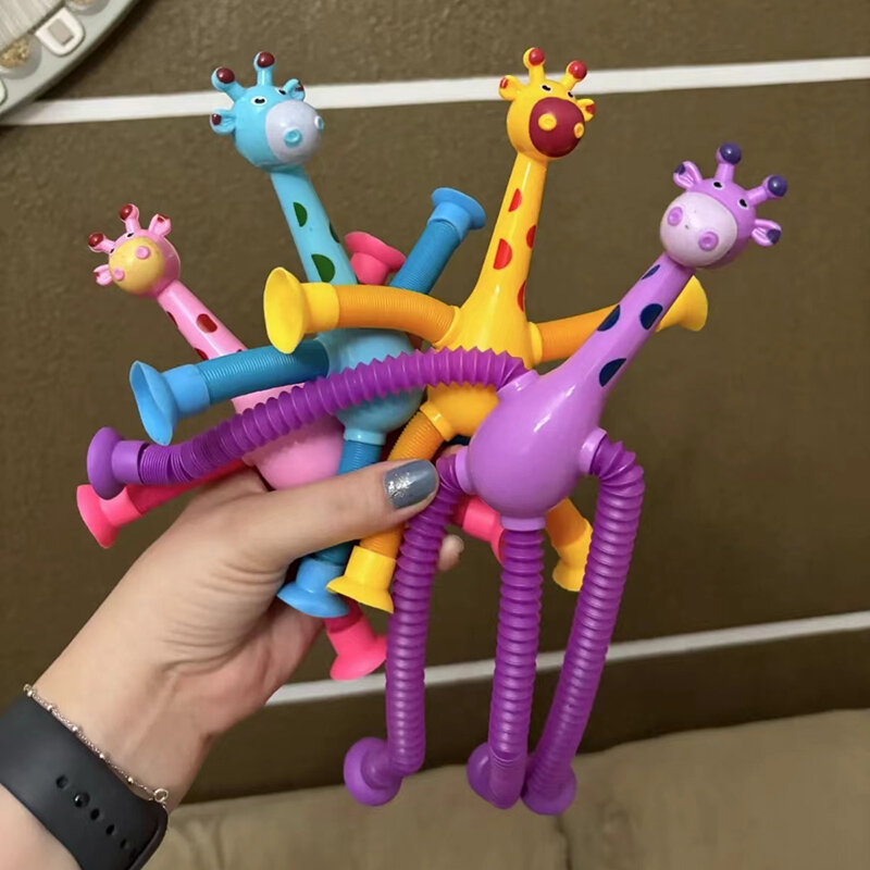 Juguetes De jirafa con ventosa para niños, juguetes sensoriales de fuelle antiestrés para apretar, alivio del estrés, juguete de jirafa telescópica