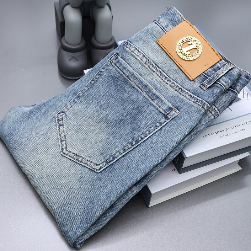 Jeans fino rasgado masculino, slim fit, bordado elástico, moda, luxo acessível, calças compridas, verão, novo, 2024