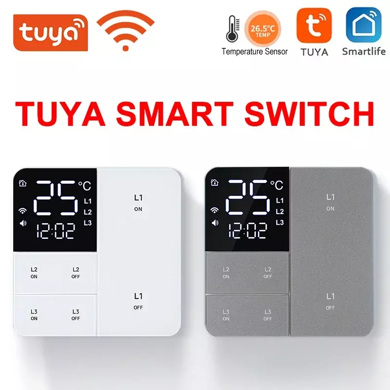 Saklar Wifi pintar Tuya, dengan fungsi tampilan waktu suhu 100-250V 1/2/3 Gang tombol saklar lampu dinding Timing remote control