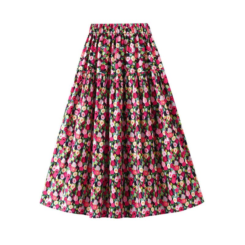 Boho Retro Floral Print Skirts Women 2024 Summer High Waist A-line Pleated Midi Skirts Chic Ladies Casual Holiday Beach Skirt