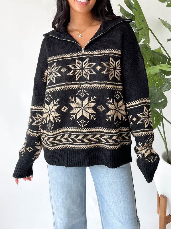 女性用長袖ニットセーター,折り返し襟,防雪セーター