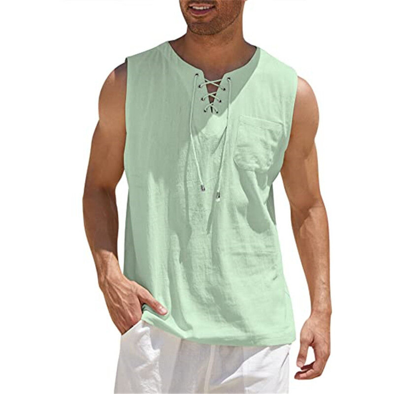 Camisola regata sem mangas masculina, gola comprida, camiseta de linho de algodão sólido, singlets fitness verão, tops musculares, camiseta, moda
