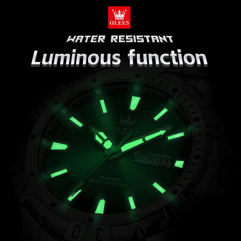 OLEVS-Relógio de quartzo preto clássico masculino, aço inoxidável, impermeável, luminoso, semana, data, relógios esportivos