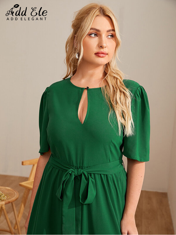 Vestido elegante de verano de talla grande para mujer, vestido de fiesta con cuello redondo ahuecado con abertura lateral en la cintura, color verde liso, B244