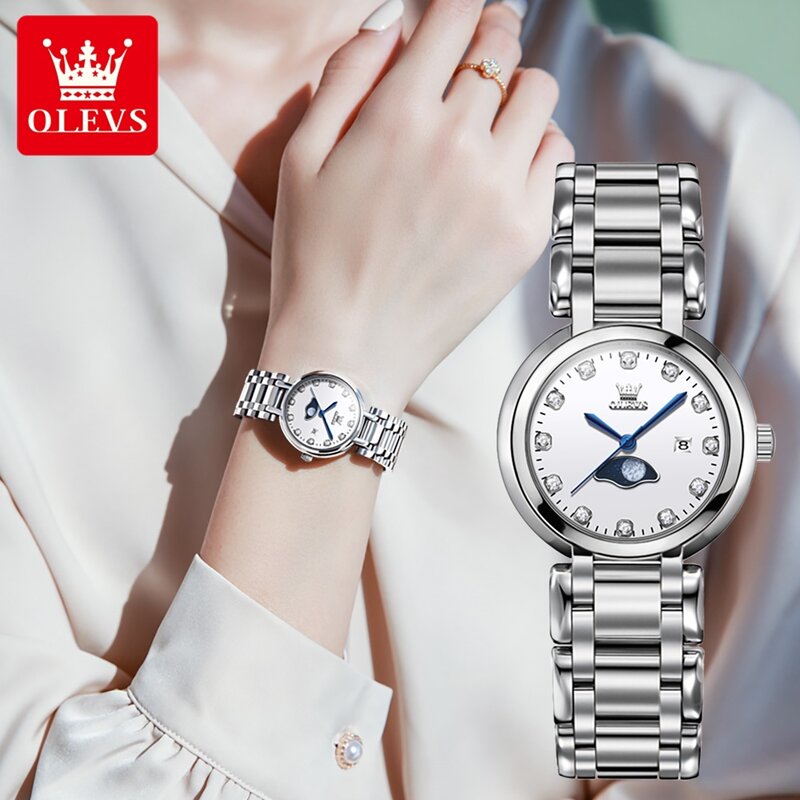 OLEVS นาฬิกาควอทซ์เพชรสุดหรูใหม่เอี่ยมสำหรับผู้หญิงสายสแตนเลสนาฬิกาแฟชั่นกันน้ำวันที่ดวงจันทร์
