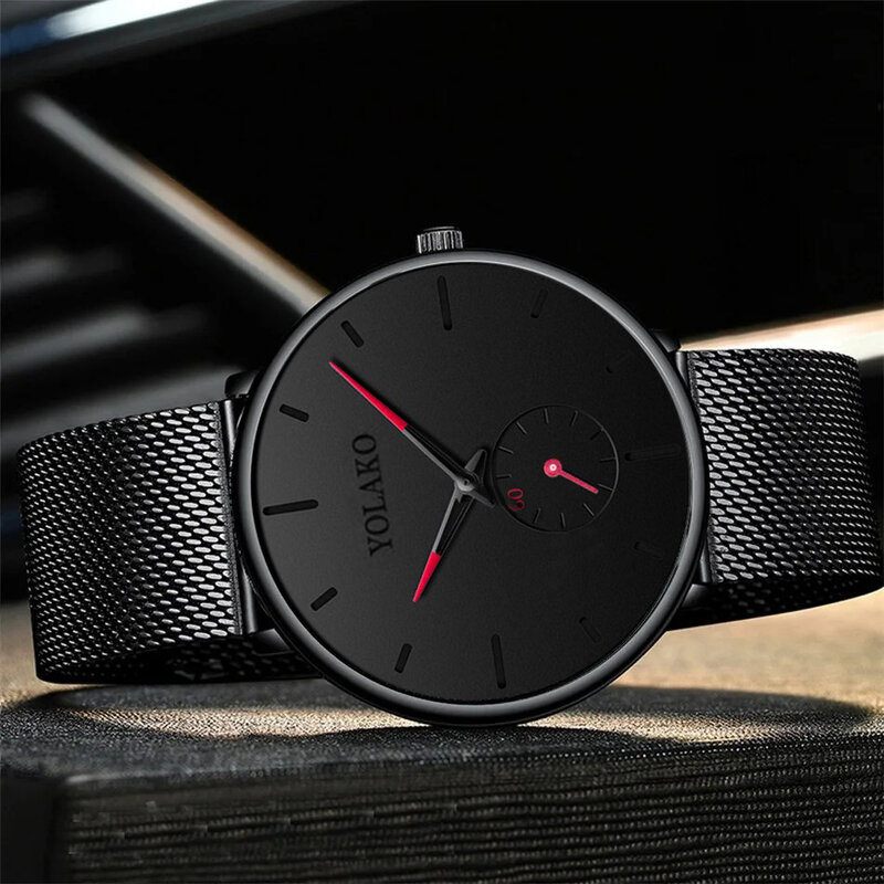 3PCS Set Fashion Mens Business Watches For Men Black Bracelet Necklace Luxury Ultra Thin Stainless Steel Mesh Belt Quartz Watch
