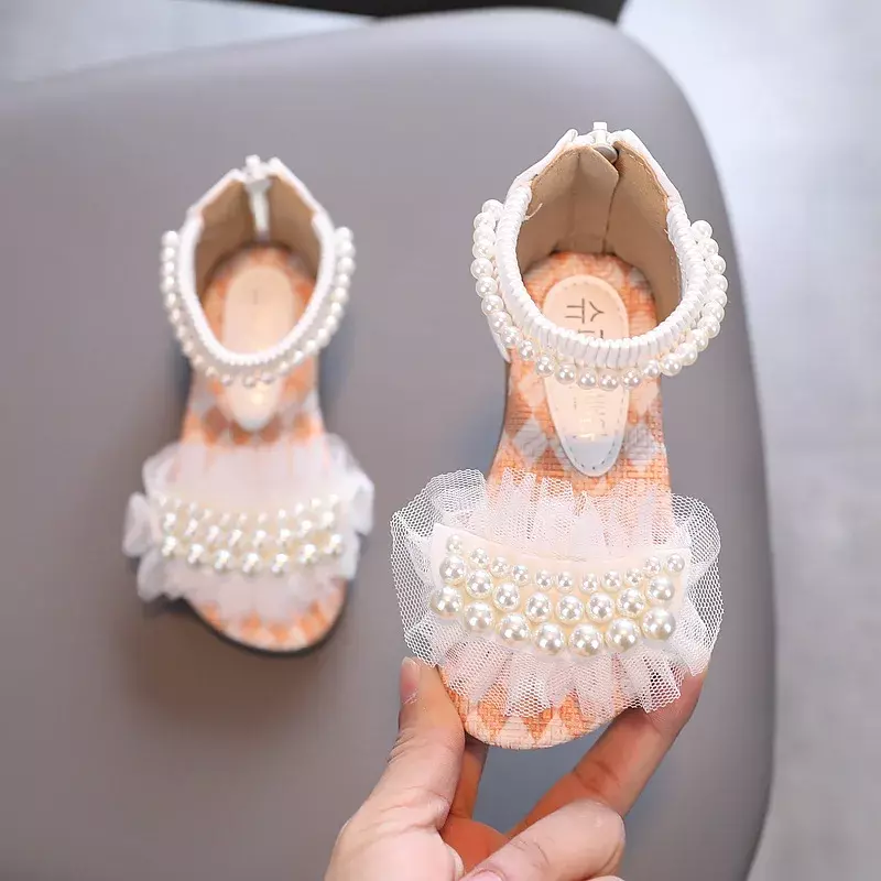 Sandalias de moda de verano para niños, zapatos de princesa con diamantes de imitación, encaje, flor de perla, sandalias de playa, talla 21-36, G605