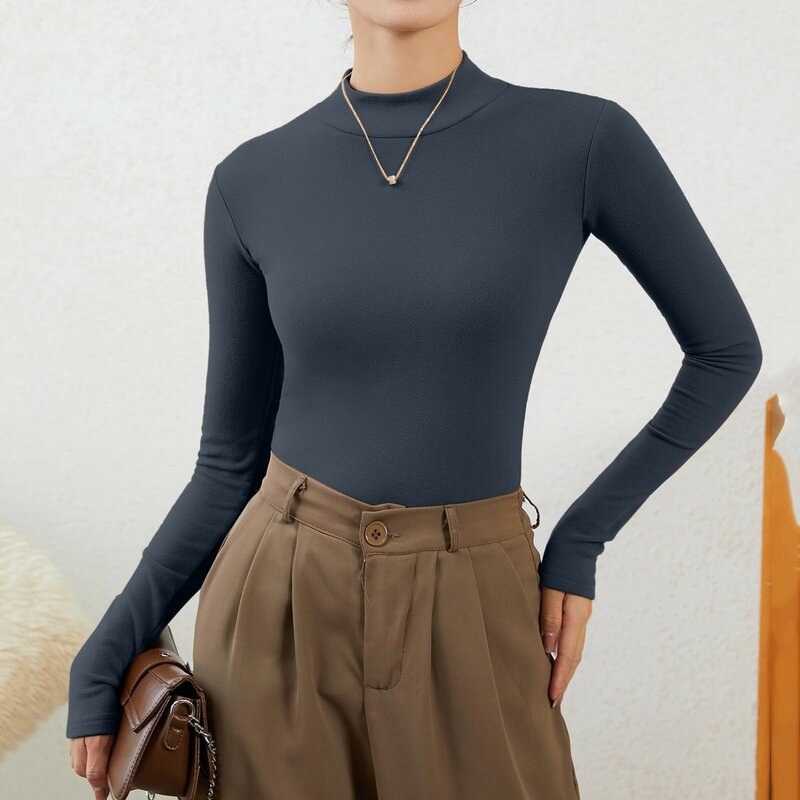 Camisa de fundo meia gola alta de cor sólida feminina, pulôver de gola alta, slim fit básico, tops térmicos apertados, outono e inverno