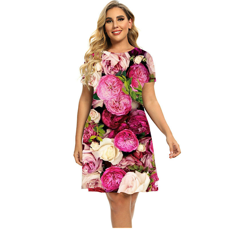 3d rosa rosa floral impressão vestidos femininos 2023 moda verão flor tema manga curta vestido streetwear solto roupas tamanhos grandes