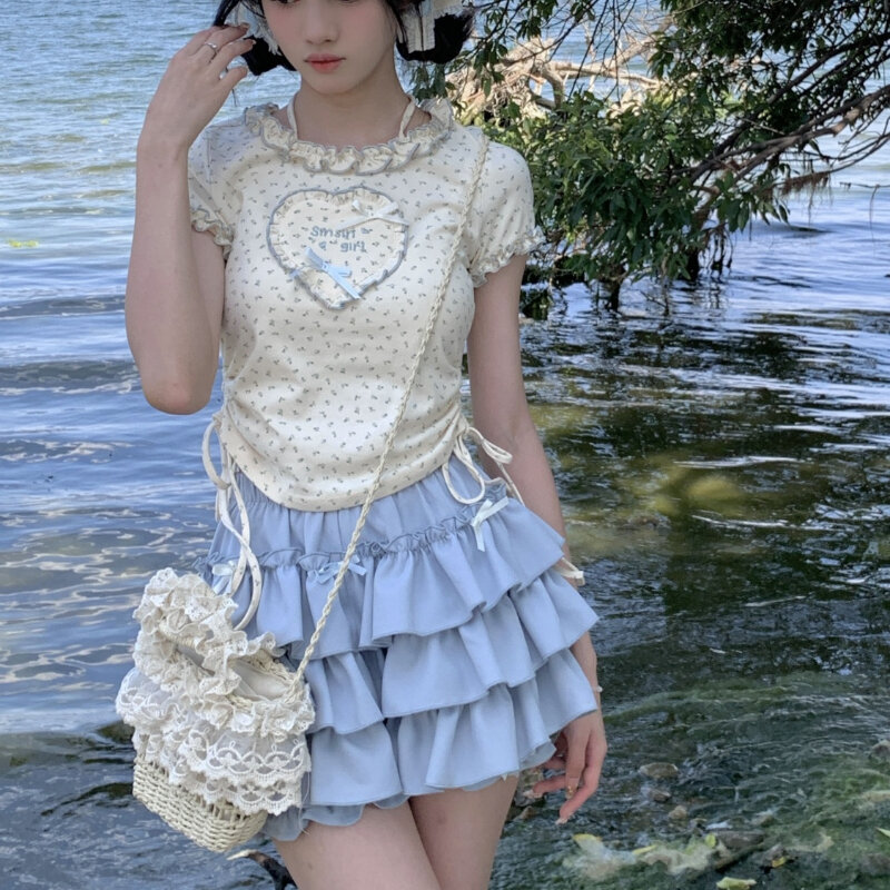 Kawaii Lolita Ruffle Women Skirt Cutecore Sweet Japanese Style Mini Skirts Layered Bow Patchwork Pleated Short Skirt +T-shirt