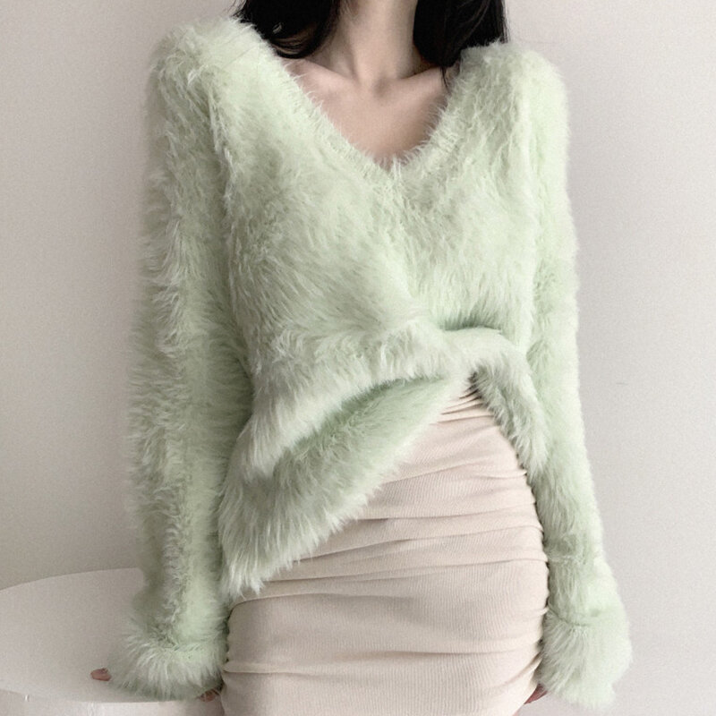 Suéter de lana de punto para mujer, jerséis holgados de color liso, elegante, estilo dulce, prendas de vestir, abrigos, Tops