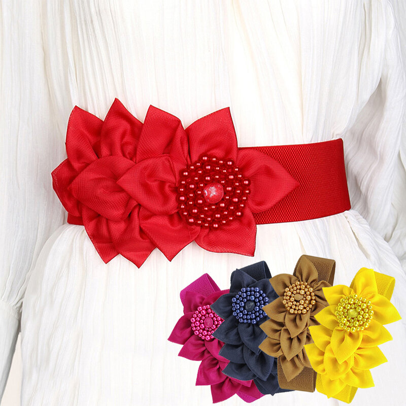 Ikat pinggang bunga besar Cummerbunds wanita gadis manis pinggang segel elastis tinggi pinggang untuk gaun pinggang elastis tali korset sabuk