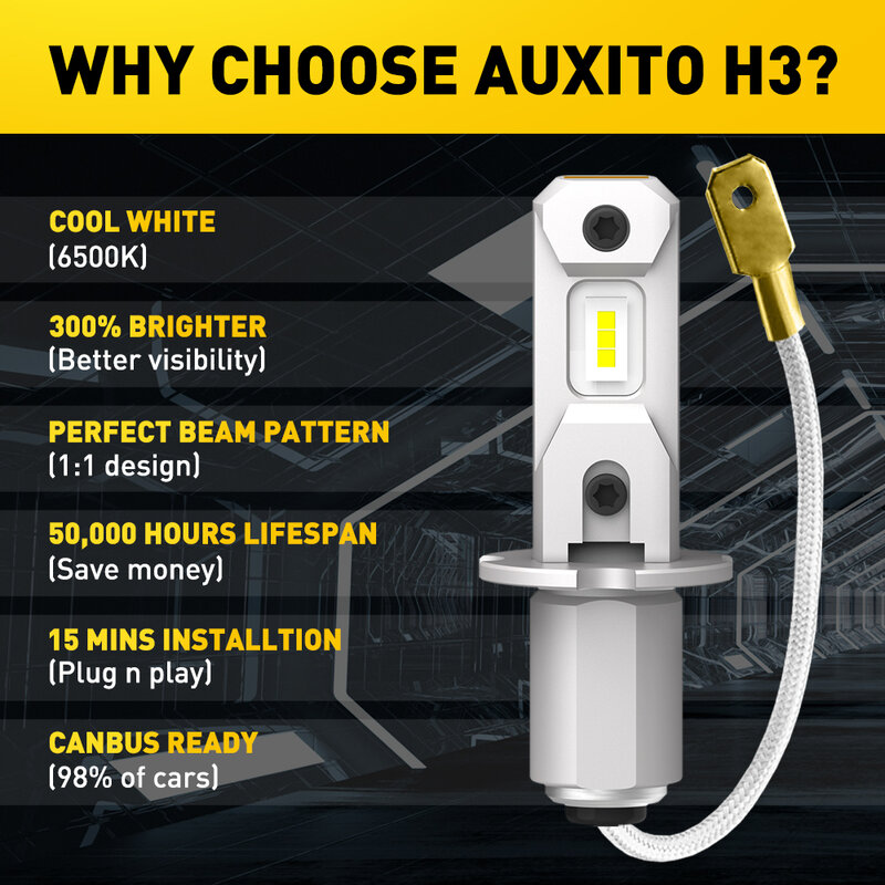 AUXITO-bombilla LED para faro delantero de coche, luz antiniebla, Canbus Sin ventilador, luz blanca y amarilla de 6500K, 12V, DRL, 2 piezas, H3