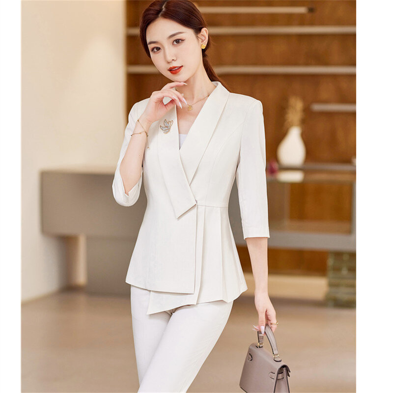 Traje Formal de negocios para mujer, Blazer de manga larga y pantalones, conjunto de dos piezas, ropa elegante para oficina, 2023