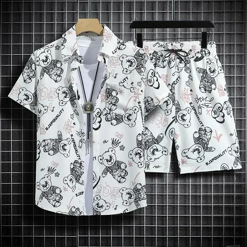 Гавайский пляжный комплект рубашки 2024, мужской свободный комплект с коротким рукавом, мультяшная рубашка с коротким рукавом и цветочным принтом для отпуска, топ, одежда