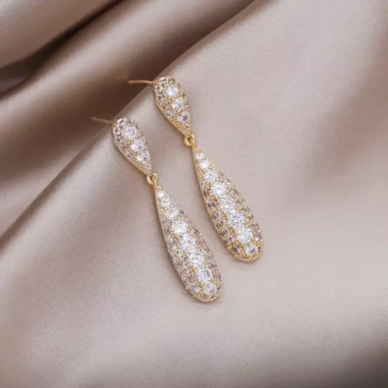 Pendientes colgantes de gota de agua de circón de lujo chapados en oro de 14K para mujer, joyería francesa, accesorios de fiesta de noche elegantes, nueva moda