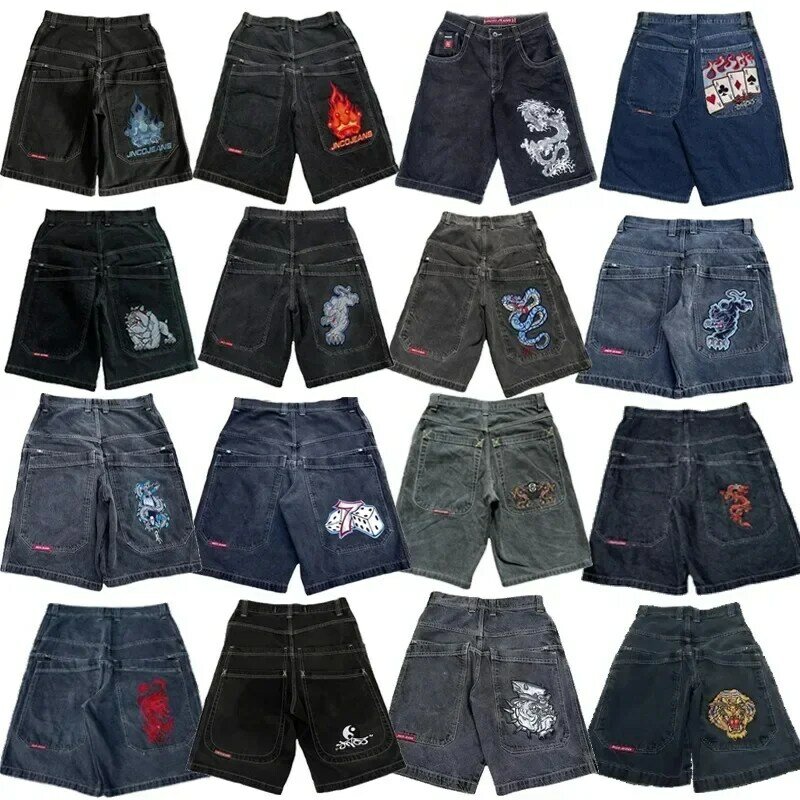 Pantalones cortos vaqueros holgados Harajuku Y2K JNCO para hombre y mujer, Shorts de Hip Hop Vintage con letras bordadas, ropa de calle gótica de baloncesto