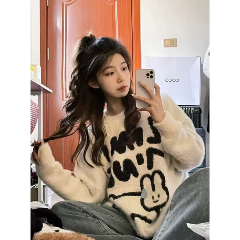 Пуловер с кроликом женский Harajuku, с мягким плюшем, зимний